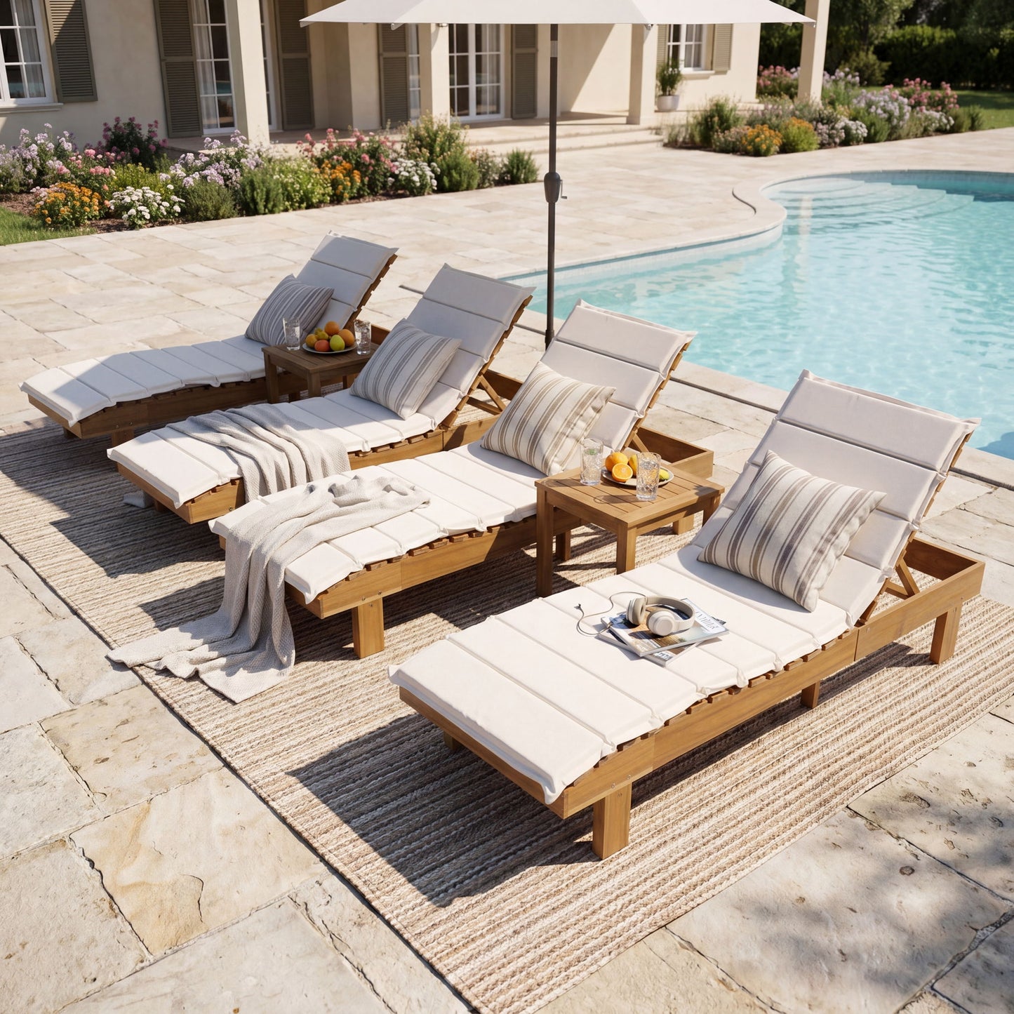 Chaise Lounge With Multi Fold Cushion, 3 Position Adjustable Backrest For Patio - Beige / Teak