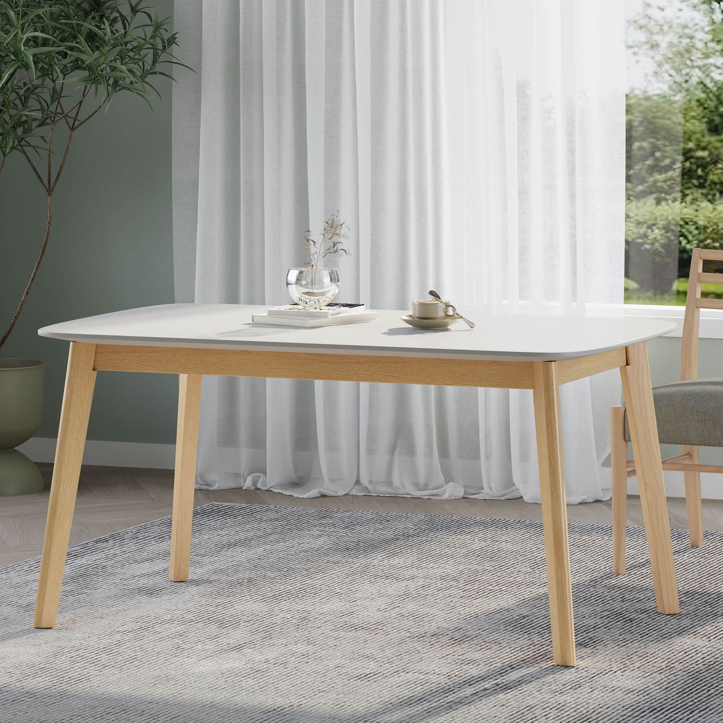 Dining Table With Splayed Rubberwood Legs & Faux Wood Tabletop, - White Oak