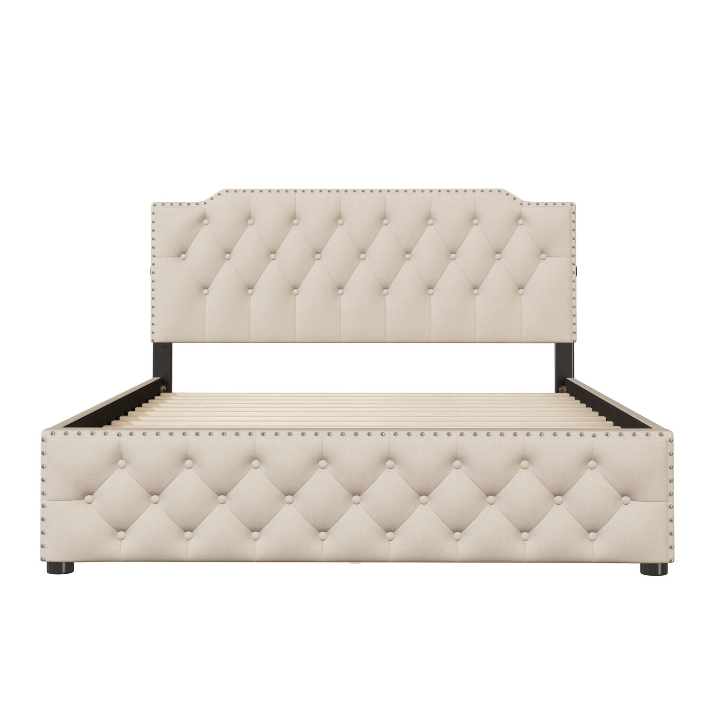 Upholstered Platform Bed With 2 Drawers And 2 Sets Of USB Ports On Each Side, Fabric