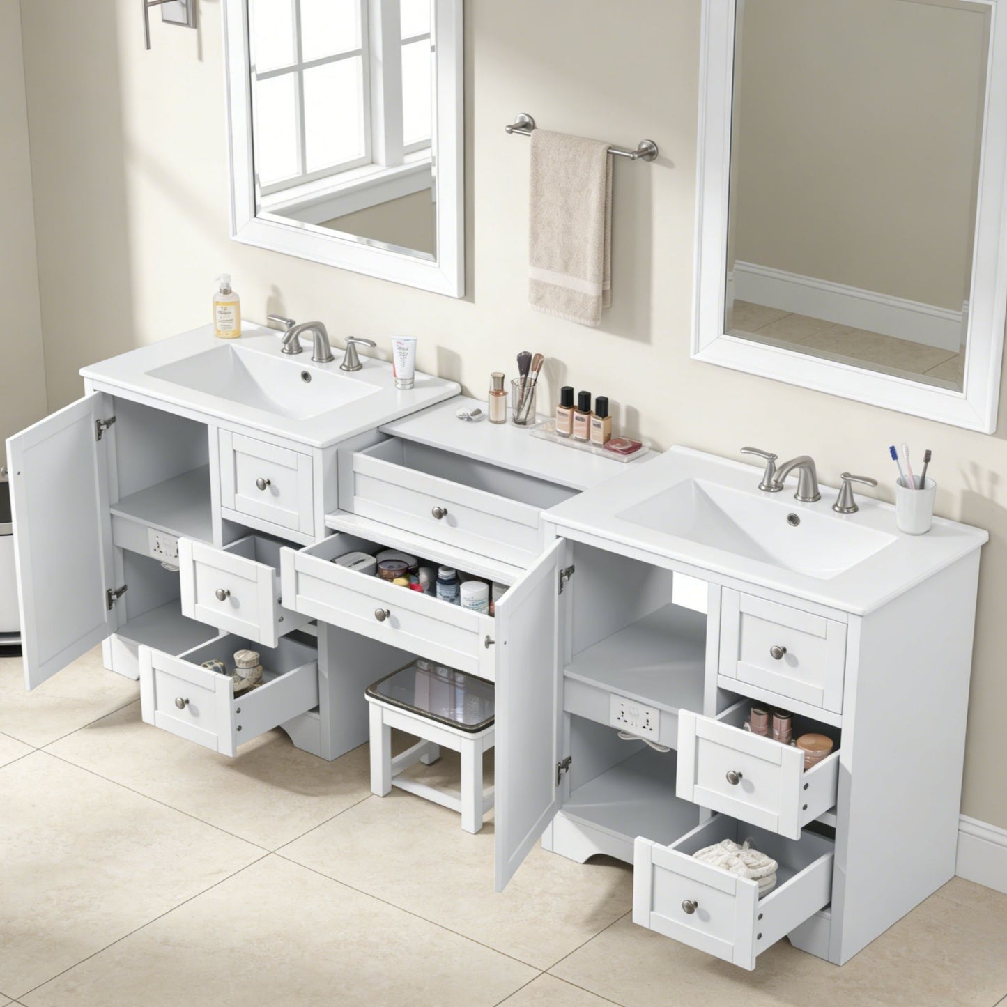 Double Sink Bathroom Vanity With Countertop, 2 Ceramic Sinks, 6 Drawers, Soft Close Design