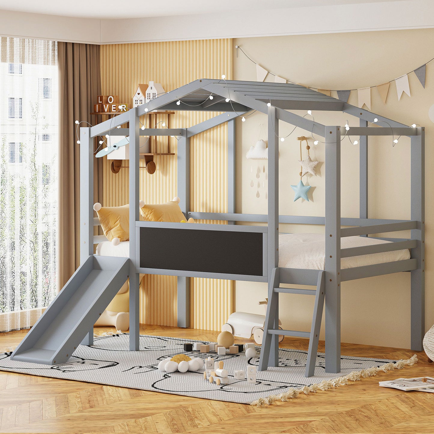 Loft House Bed With Ladder And Slide, With board And Light Strip On The Roof