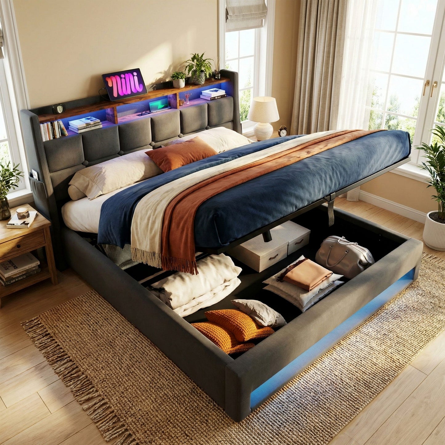 Upholstered Platform Bed With A Hydraulic Storage System, LED And USB Charging (Without Mattress)