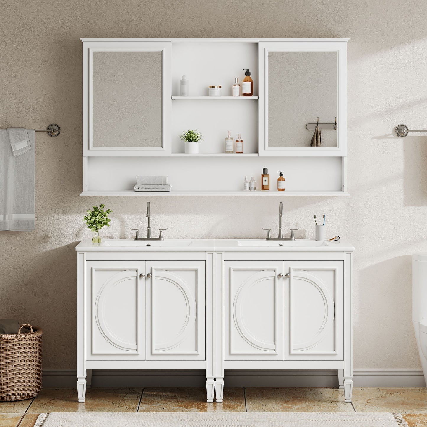 Double Sink Bathroom Vanity Set With Wall Mount Mirror Cabinet