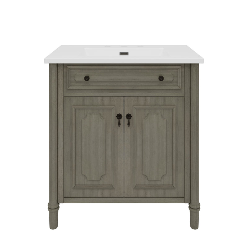 Tocador de baño vintage con lavabo, mueble rústico con puertas de cierre suave