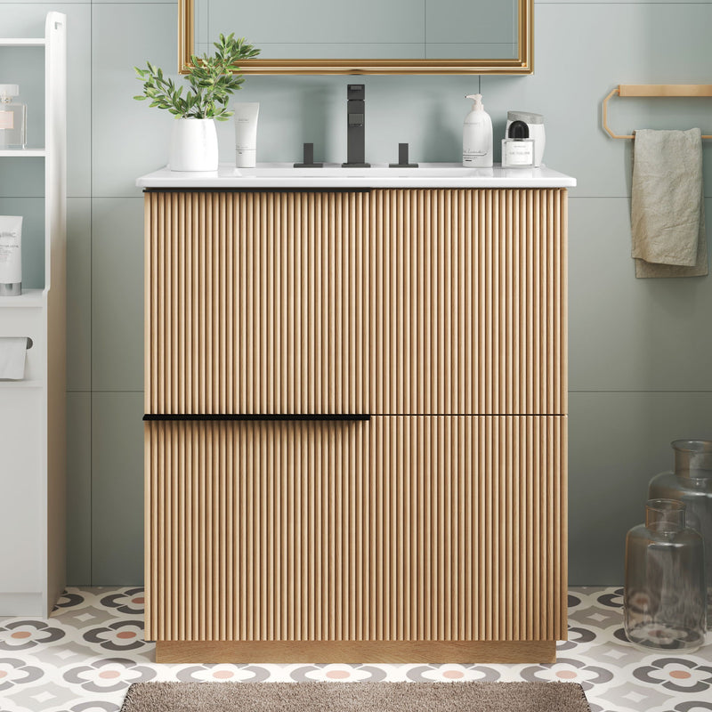 Fluted Bathroom Vanity With Ceramic Sink, Soft Close Slides