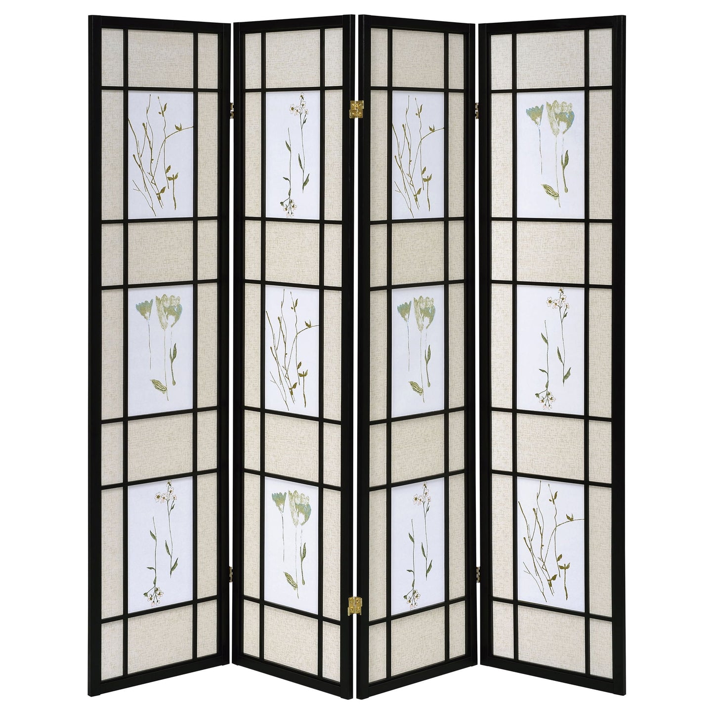 4 Panel Folding Screen With Floral Motif - Black