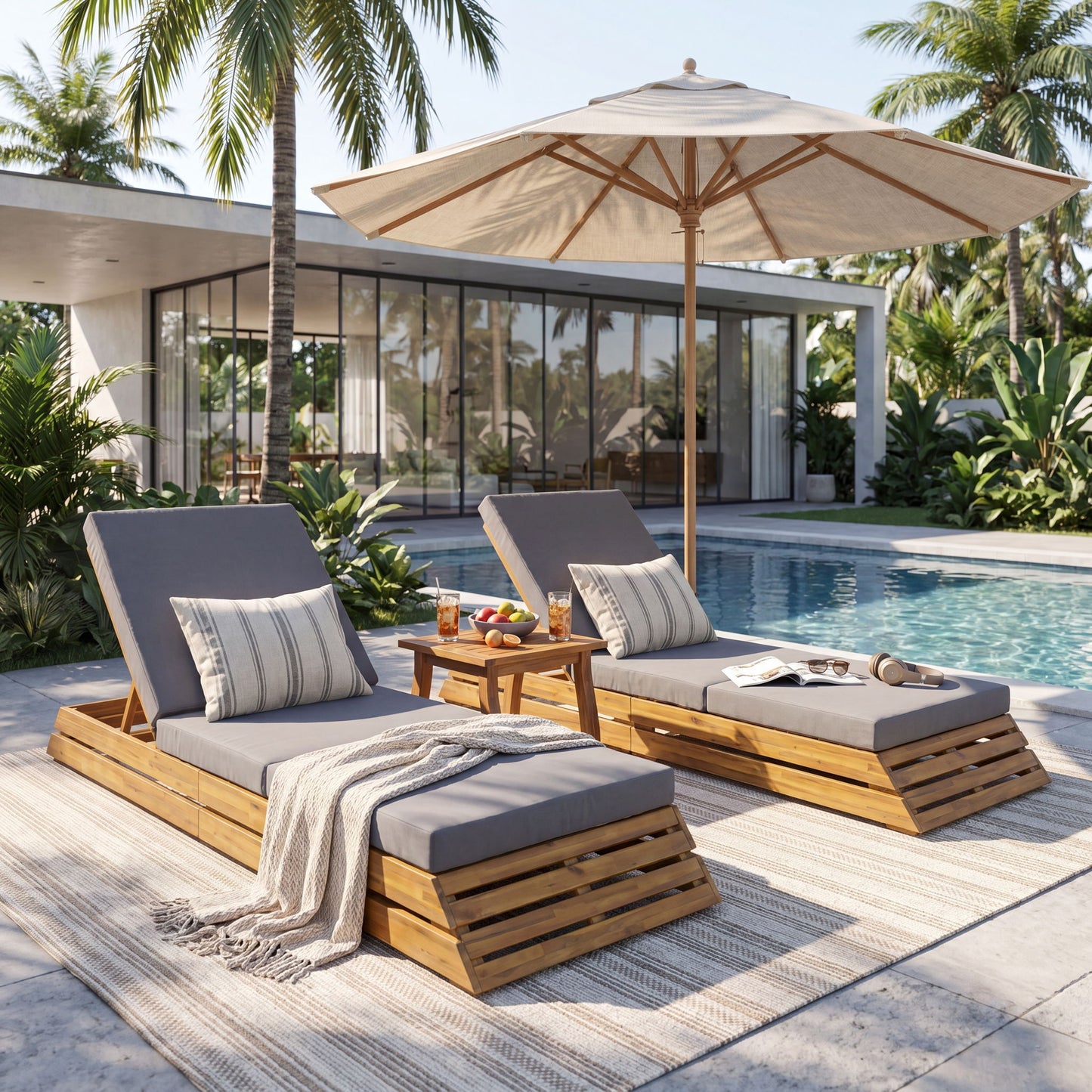 Chaise Lounge Set With Cream 3 Fold Cushion, 3 Position Adjustable Backrest
