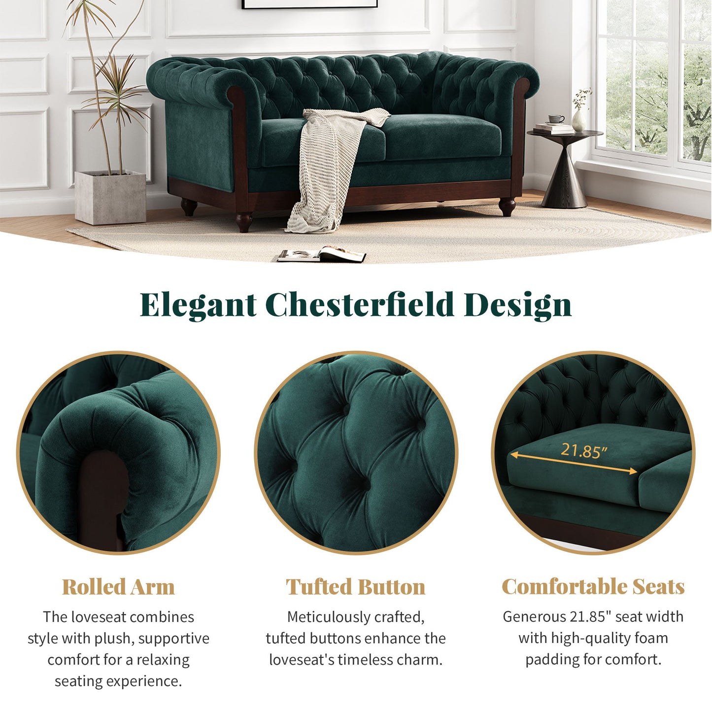 Chesterfield Loveseat Sofa, 2 Person Rolled Arm Upholstered Couch