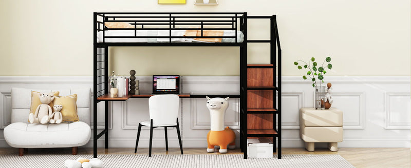 Twin Size Loft Bed With Desk And Grid, Storage Ladder And Wardrobe - Black