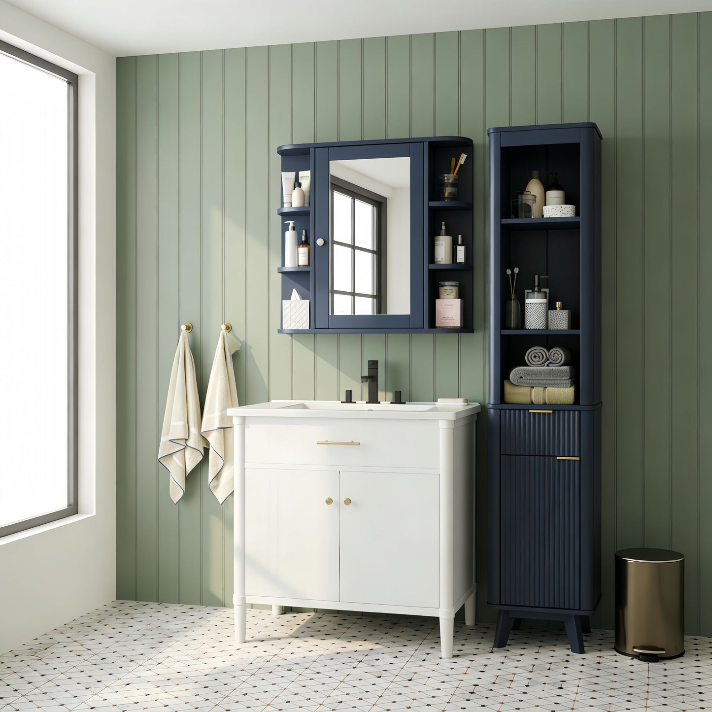 Bathroom Wall Storage Cabinet With Mirror And Adjustable Shelf, 6 Open Shelves