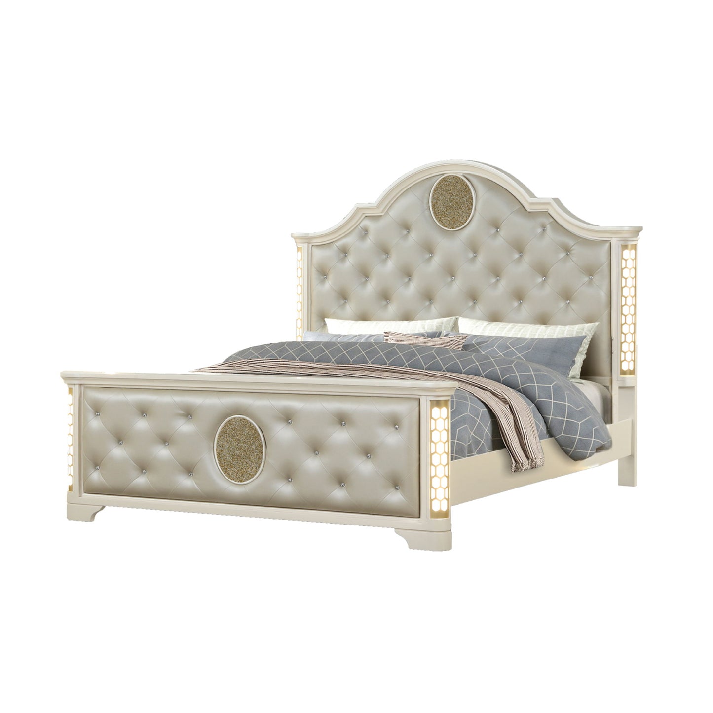 Jasmine - Queen Size Tufted Upholstery & LED Bed - Beige
