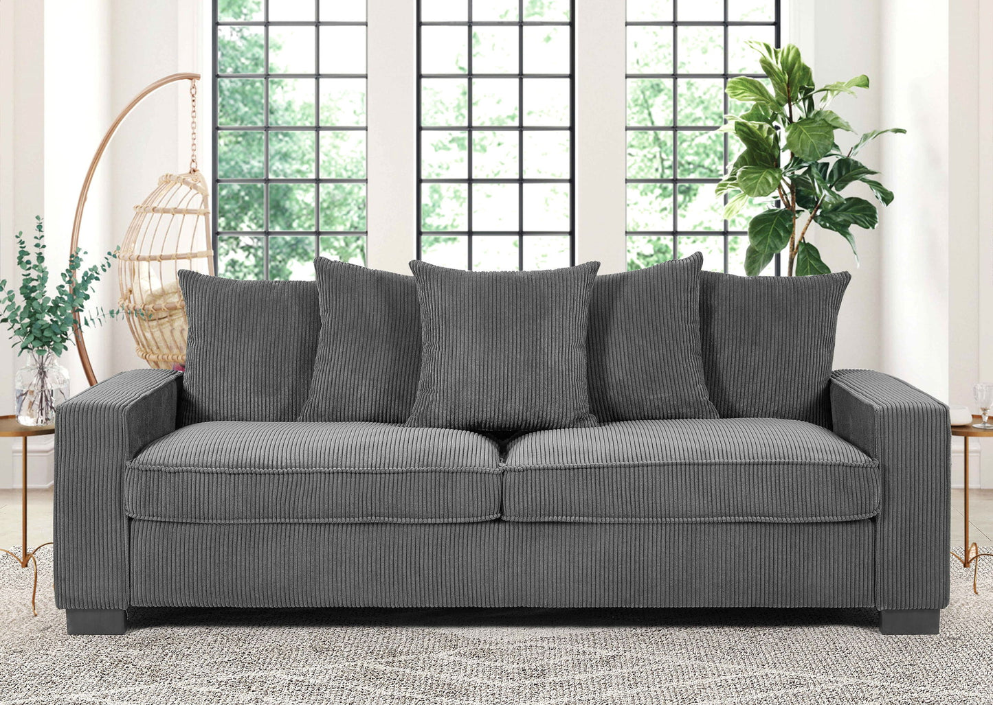 Luxe Sofa With 5 Matching Toss Pillows, Sleek Design, Spacious And Comfortable 3 Seater Couch