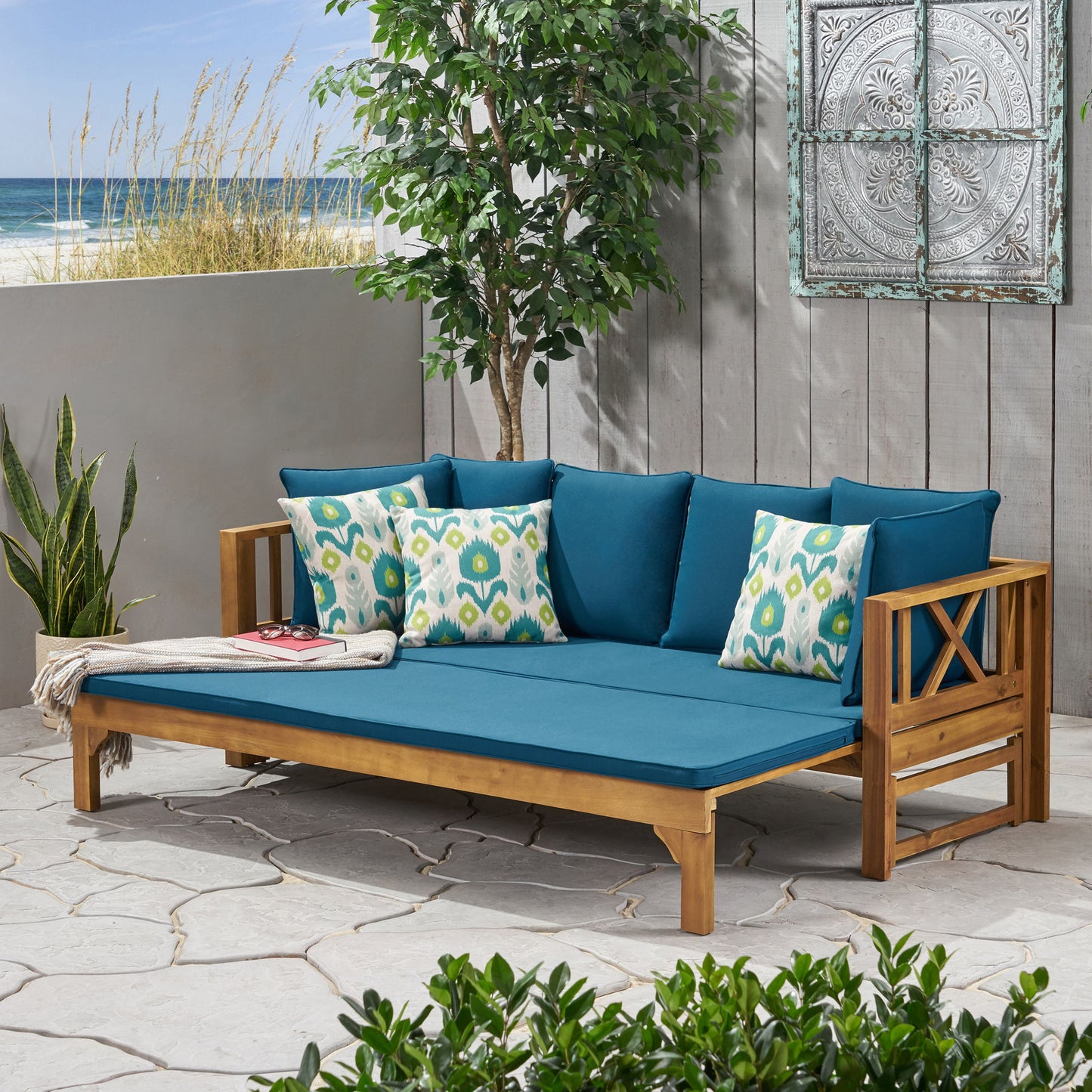 Outdoor Daybed With X-Shaped Panel Backrest And Armrests - Teak