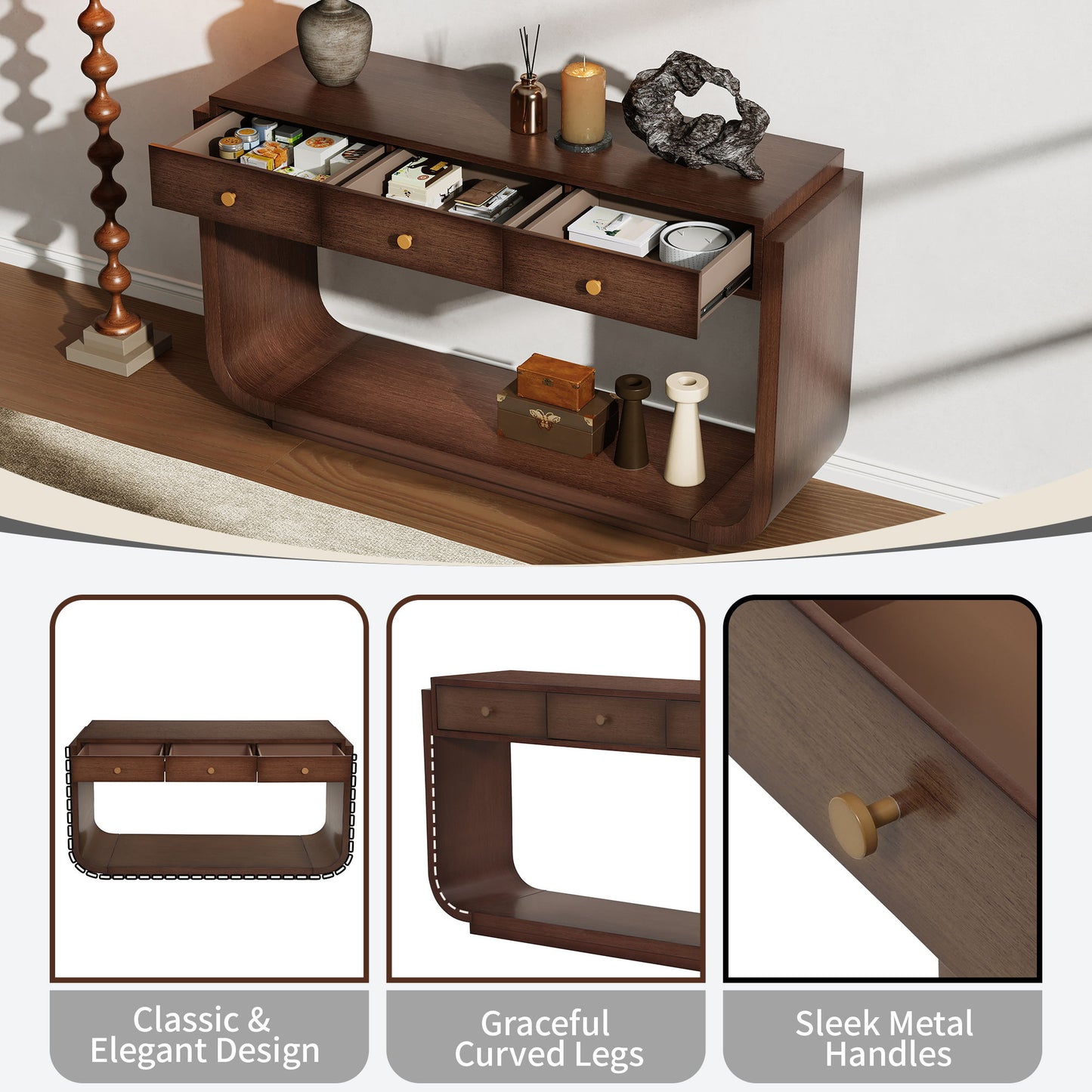 Console Table With 3 Drawers, Display Shelf