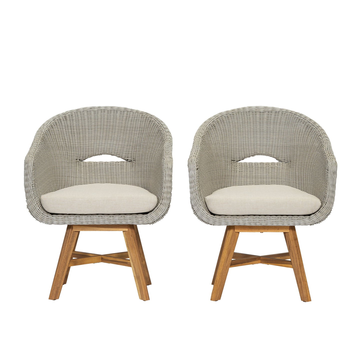 Modern Coastal Rattan Dining Chairs, (Set of 2), Solid Wood Legs - Beige