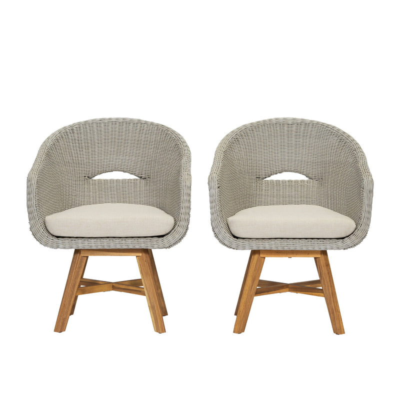 Modern Coastal Rattan Dining Chairs, (Set of 2), Solid Wood Legs - Beige / Gray Ash / Natural