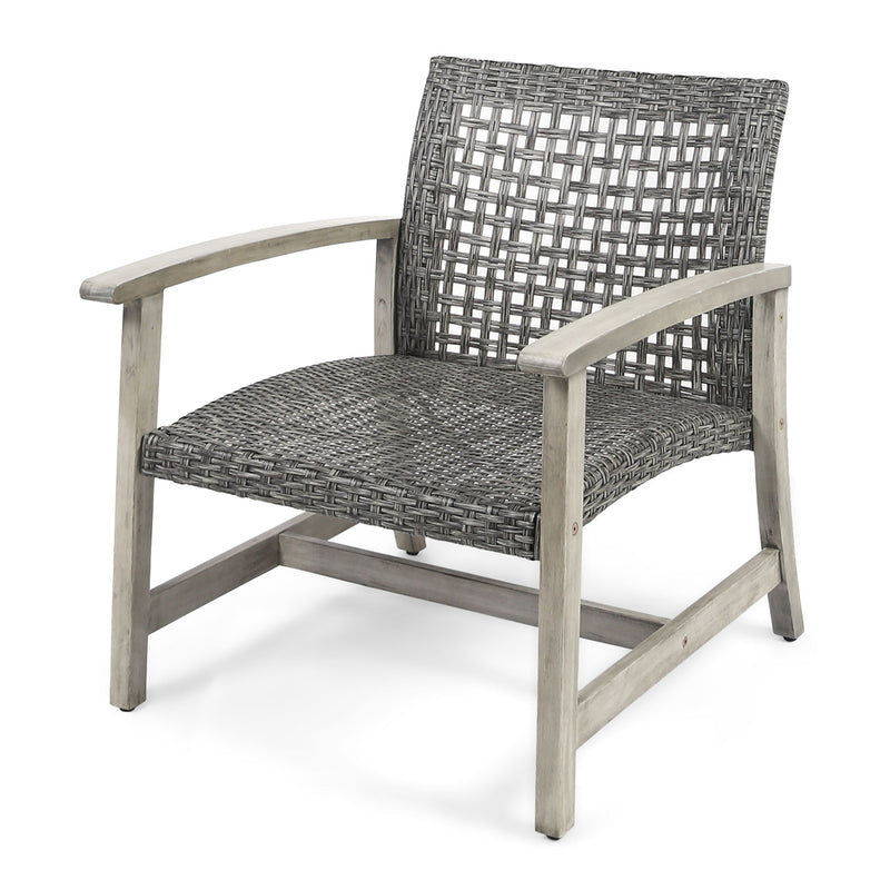 Outdoor Club Chair With Rattan Cover And Acacia Wood Frame - Gray / Black