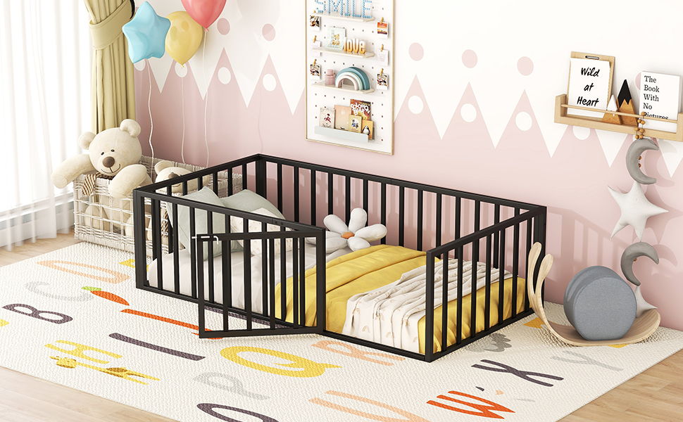 Metal Floor Bed Frame With Fence And Door