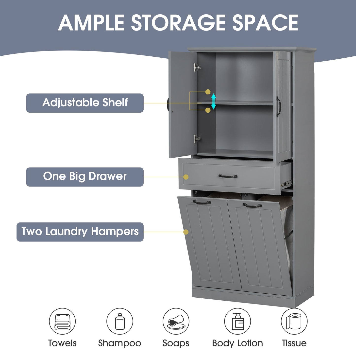 Modern Bathroom Storage Cabinet With Two Laundry Baskets, One Drawer, Adjustable Shelf