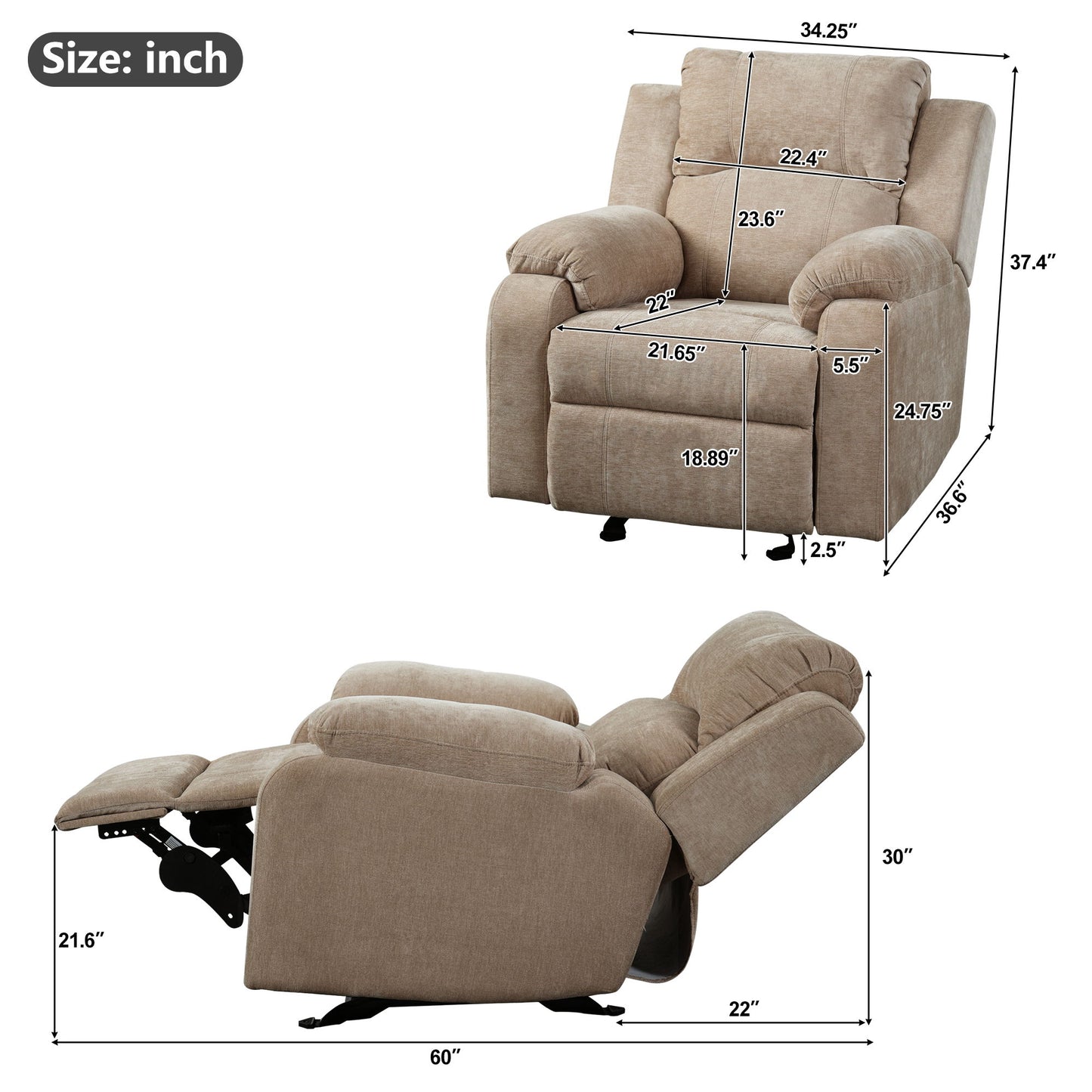 Upholstered Manual Recliner Chair With 3 Adjustable Backrest Positions