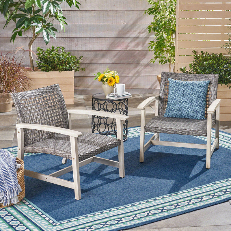 Outdoor Club Chair With Rattan Cover And Acacia Wood Frame - Gray / Black