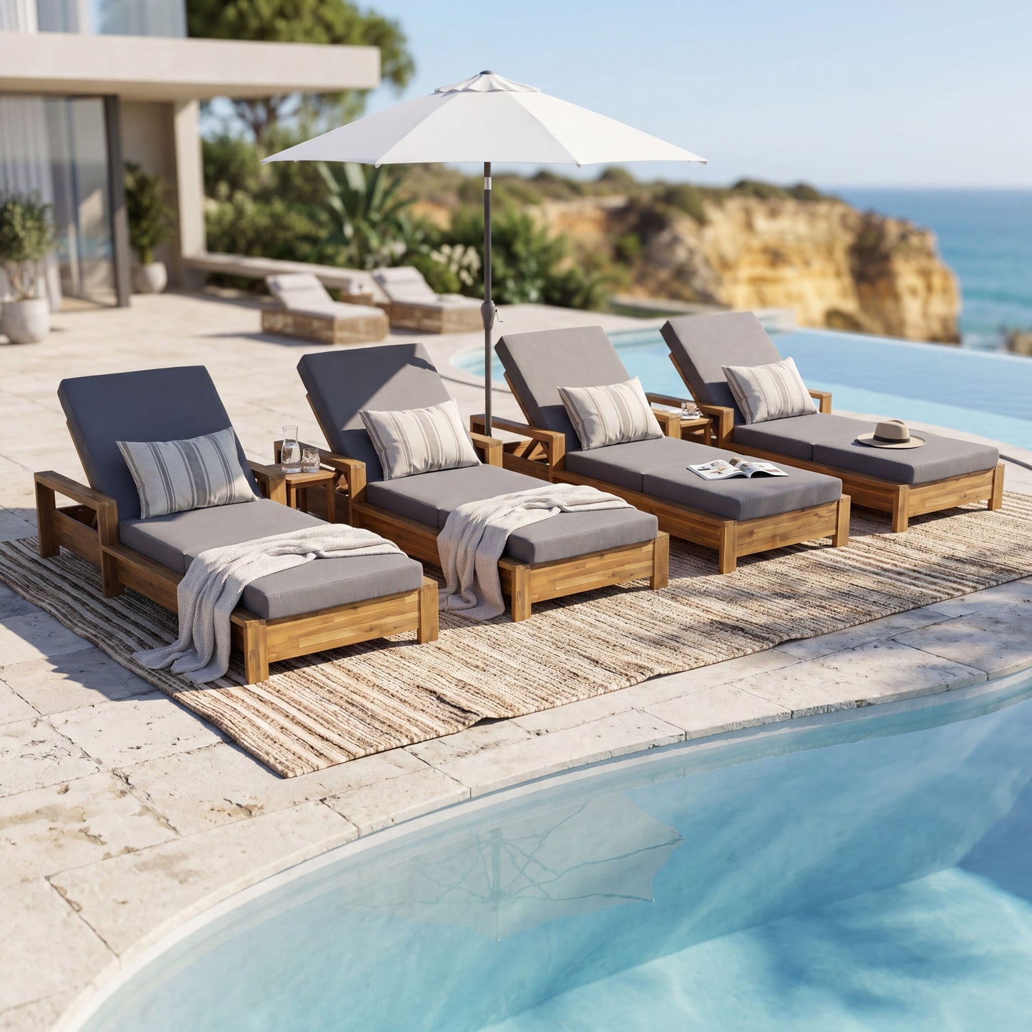 Chaise Lounge With 3 Fold Cushion Set, 3 Position Adjustable Backrest