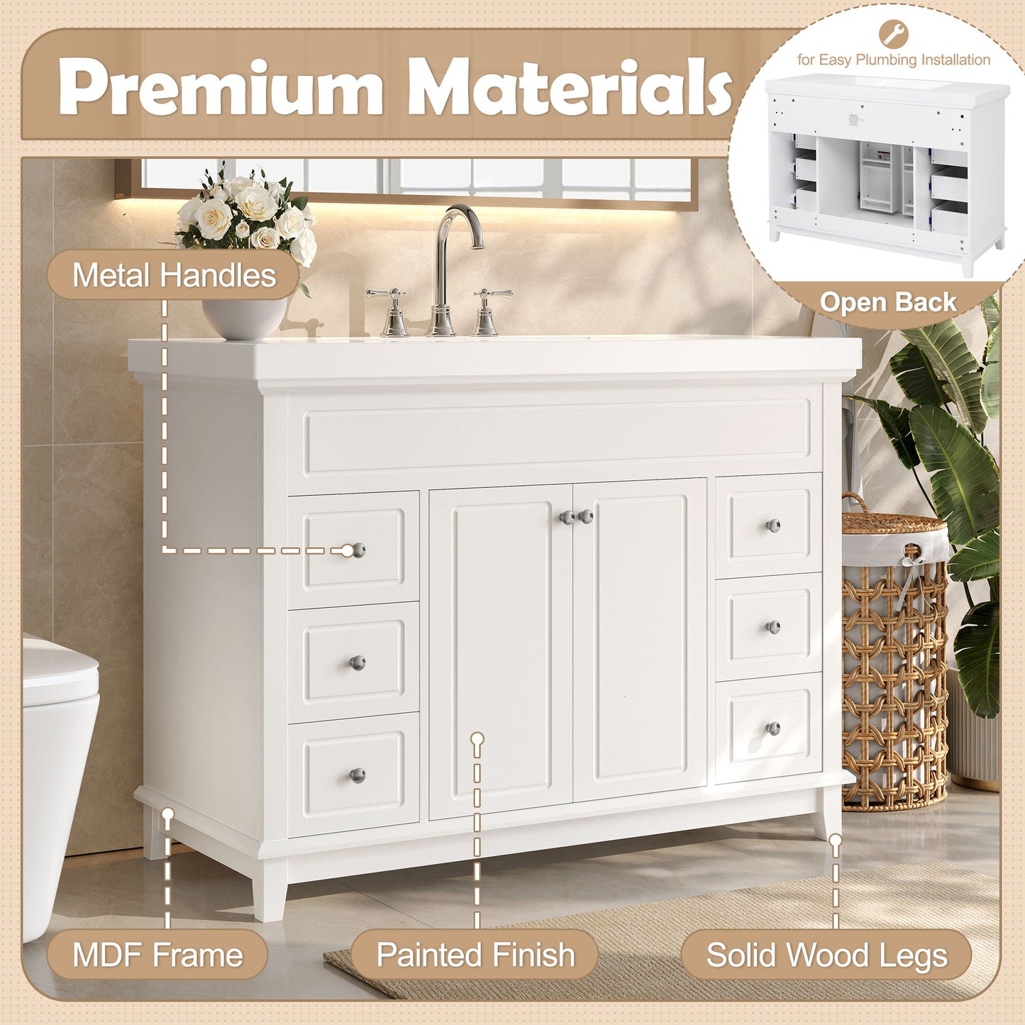 Bathroom Vanity & Sink, 6 Soft Close Drawers & Double Doors - White