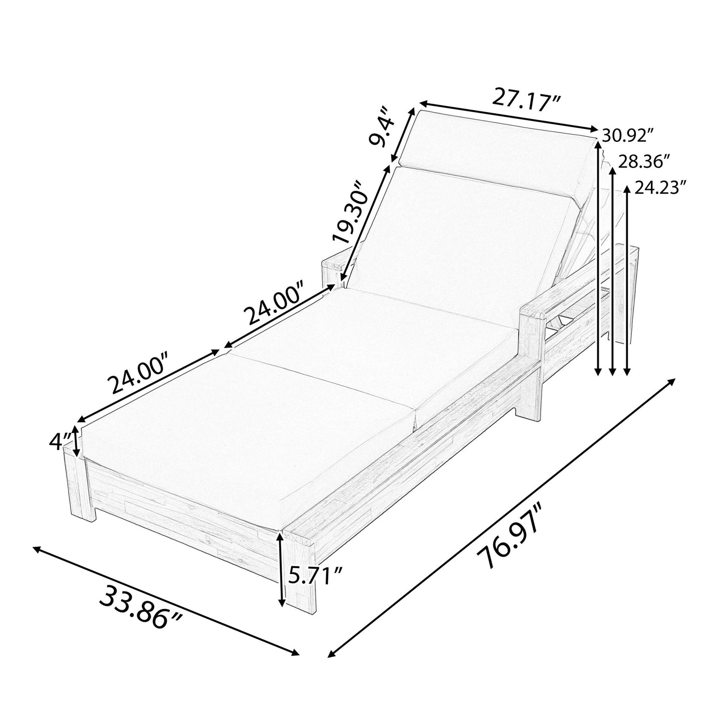 Chaise Lounge Set With 4 Fold Cushion And Built In Headrest, 3 Position Adjustable