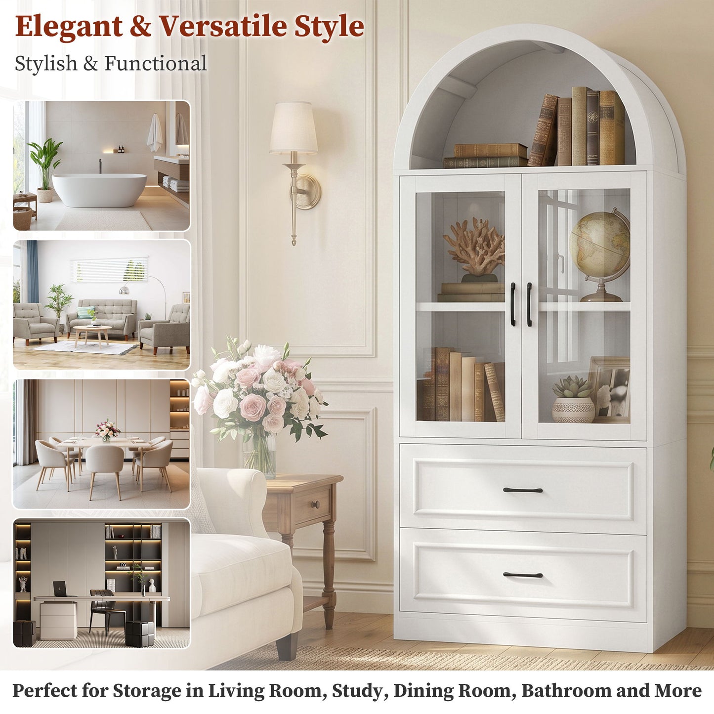 Arched Top Storage Cabinet With Fixed 2 Tier Shelves, 2 Large Drawers