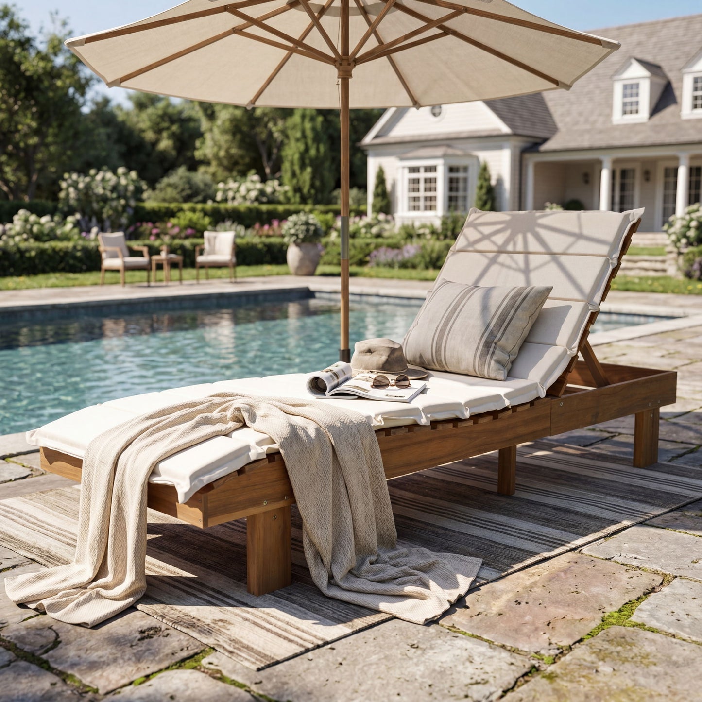 Chaise Lounge With Multi Fold Cushion, 3 Position Adjustable Backrest For Patio - Beige / Teak