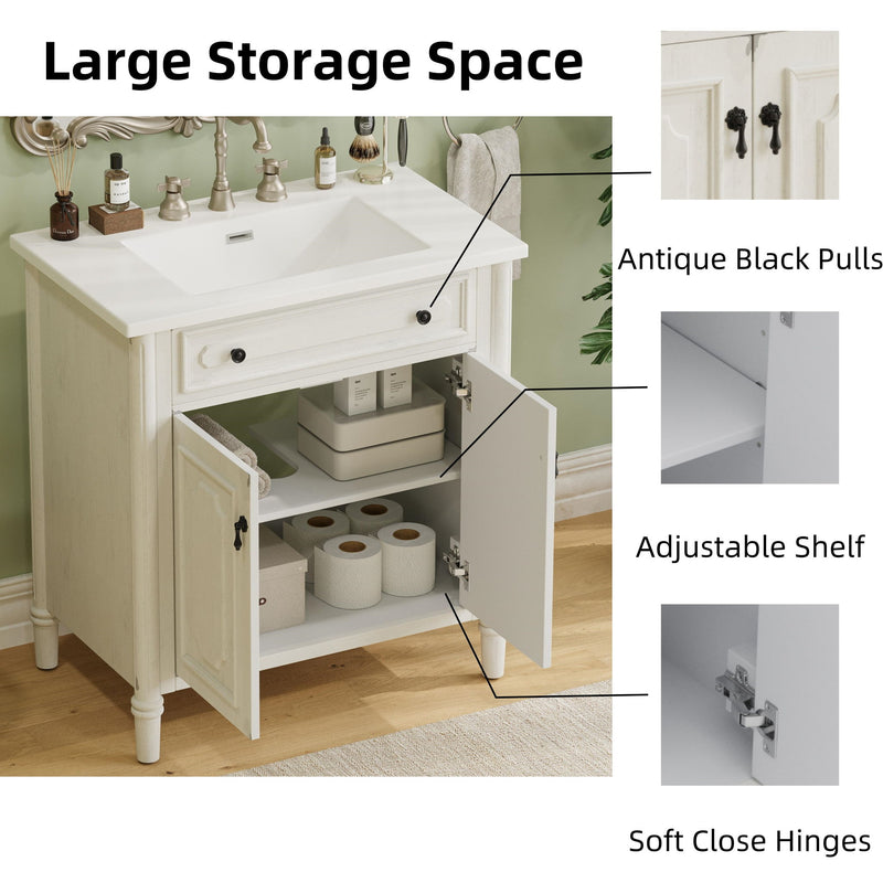 Tocador de baño vintage con lavabo, mueble rústico con puertas de cierre suave