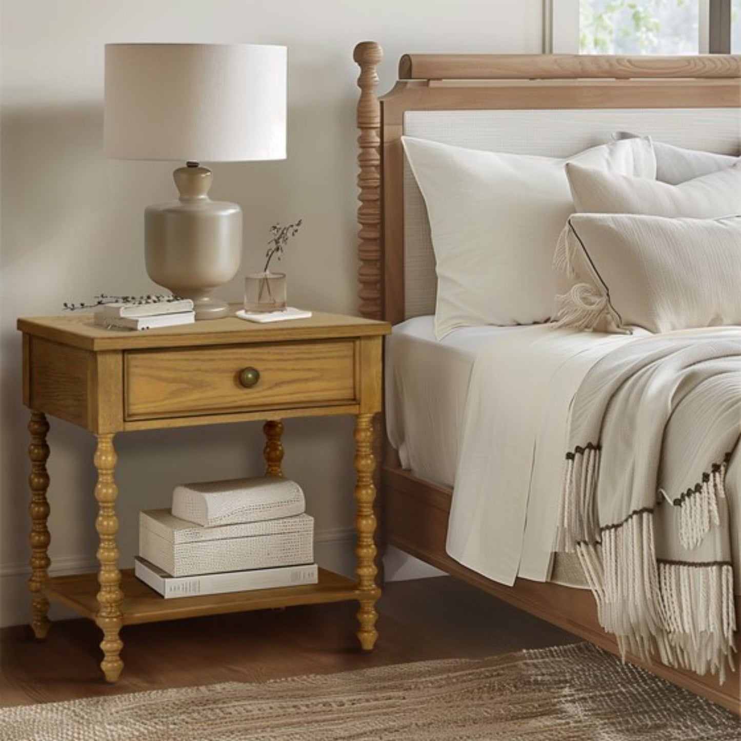 Traditional Durable Nightstand Table With Drawer And Shelf