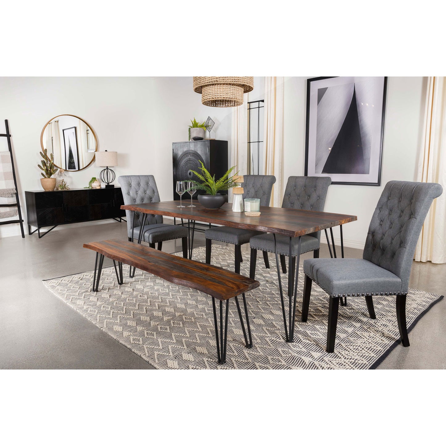 Neve - Sheesham Live Edge Dining Bench With Hairpin Legs - Gray