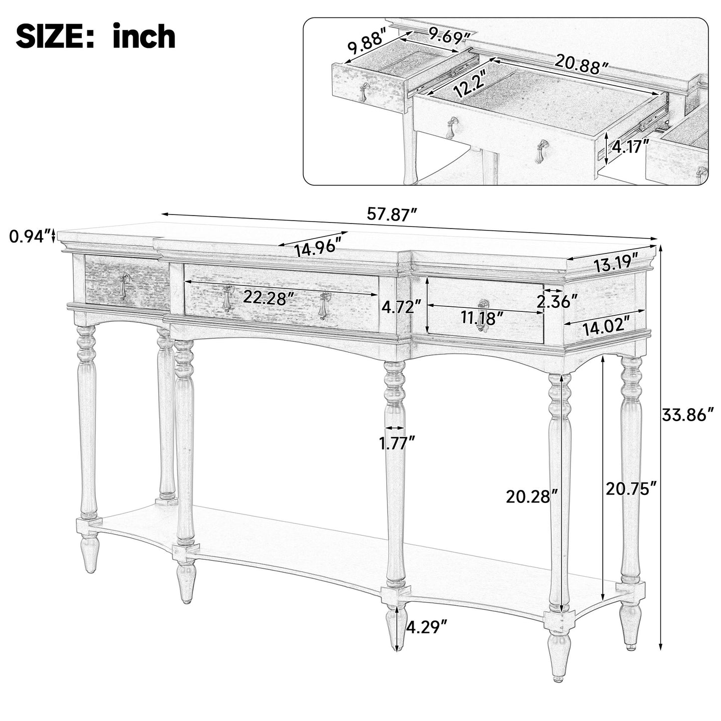Retro Console Table With 3 Soft Close Drawers
