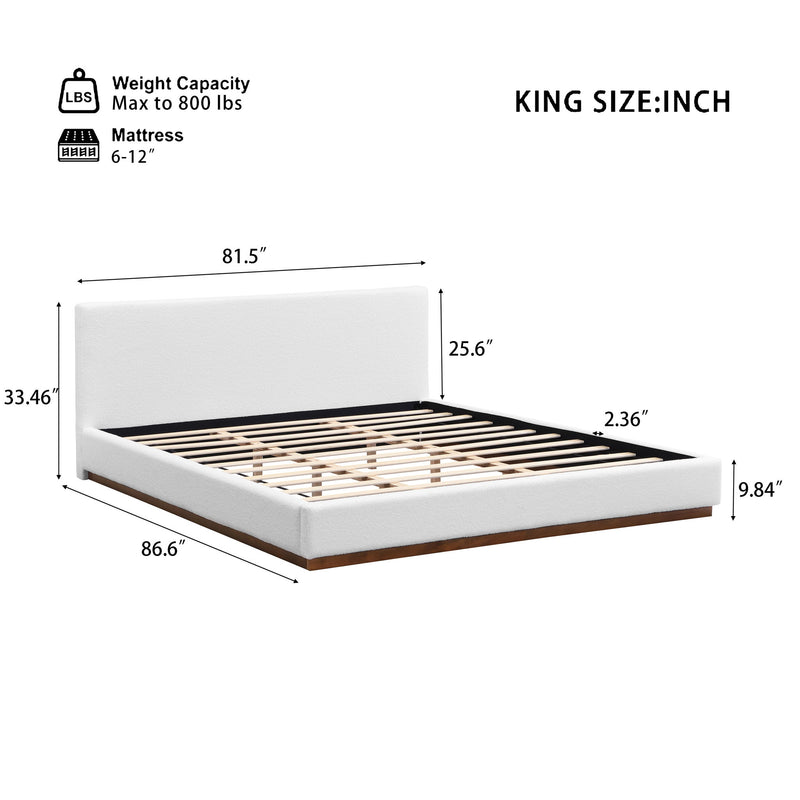 Elegant Boucle Upholstered Bed With Wood Grain Textured Solid Wood Base Frame