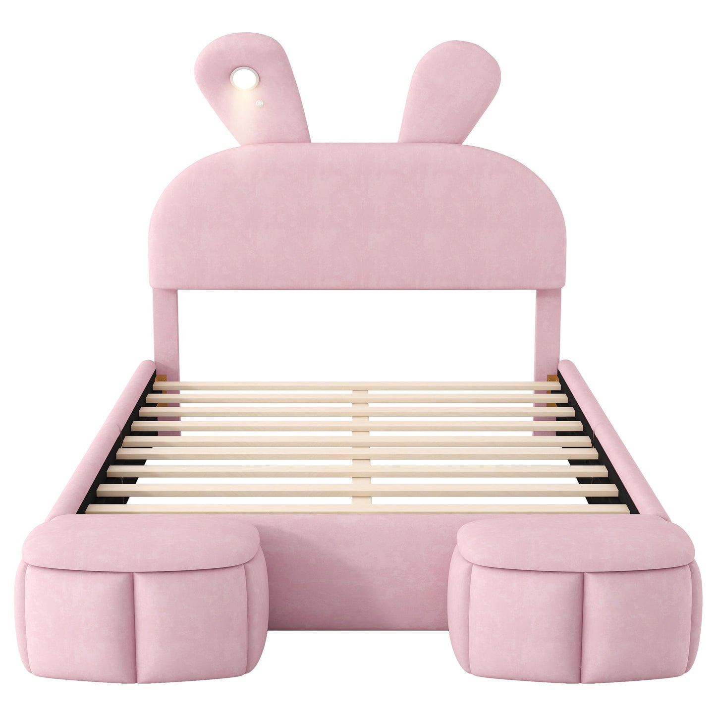 Full Upholstered Platform Bed With Cartoon Ears Headboard And LED Light - Pink