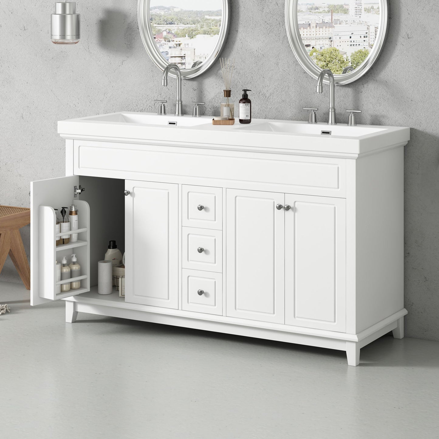 Bathroom Vanity With Double Sinks, 3 Drawers & 4 Doors - White