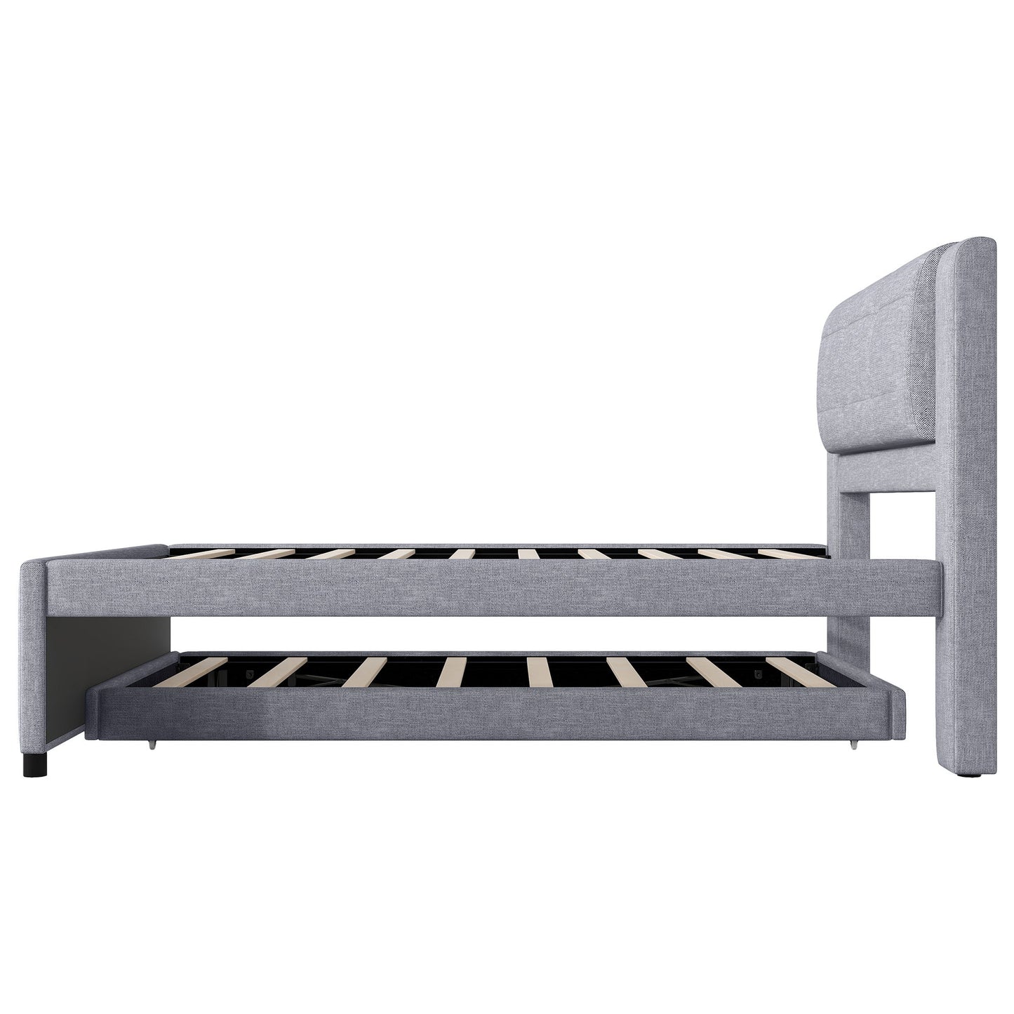 Upholstery Platform Bed With Trundle, Trundle Can Be Flat Or Erected