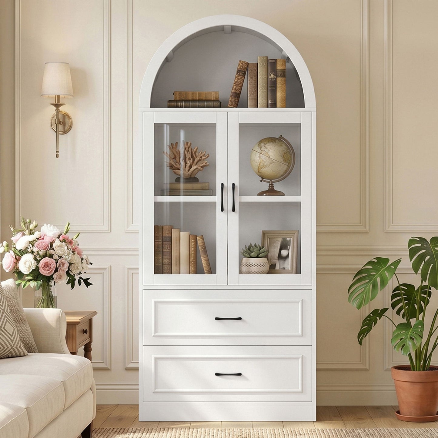 Arched Top Storage Cabinet With Fixed 2 Tier Shelves, 2 Large Drawers