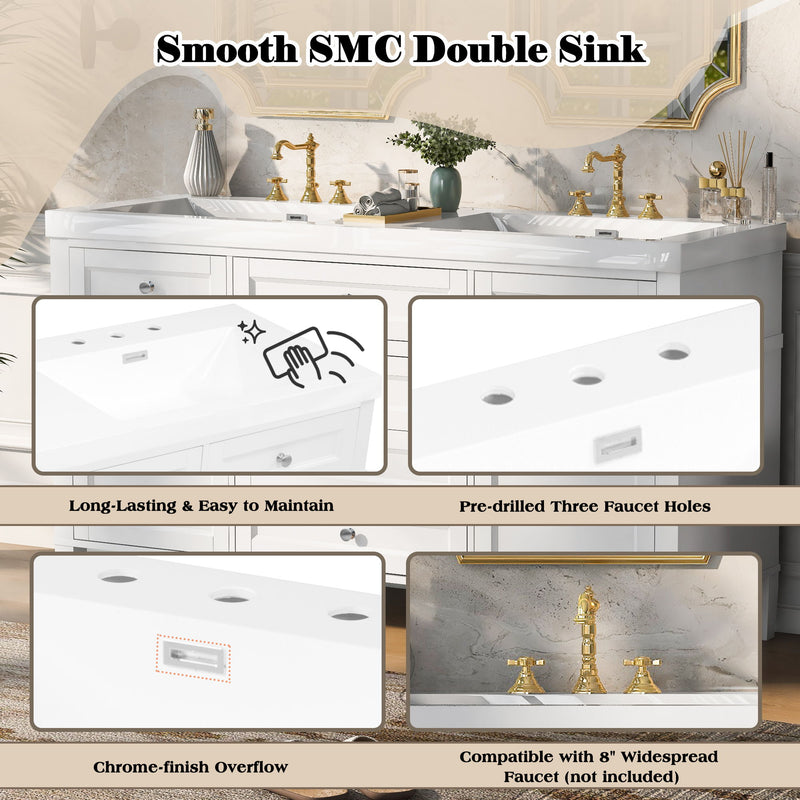 Bathroom Vanity With Double Sink, 3 Drawers, 2 Doors, Adjustable Shelves, Freestanding - White