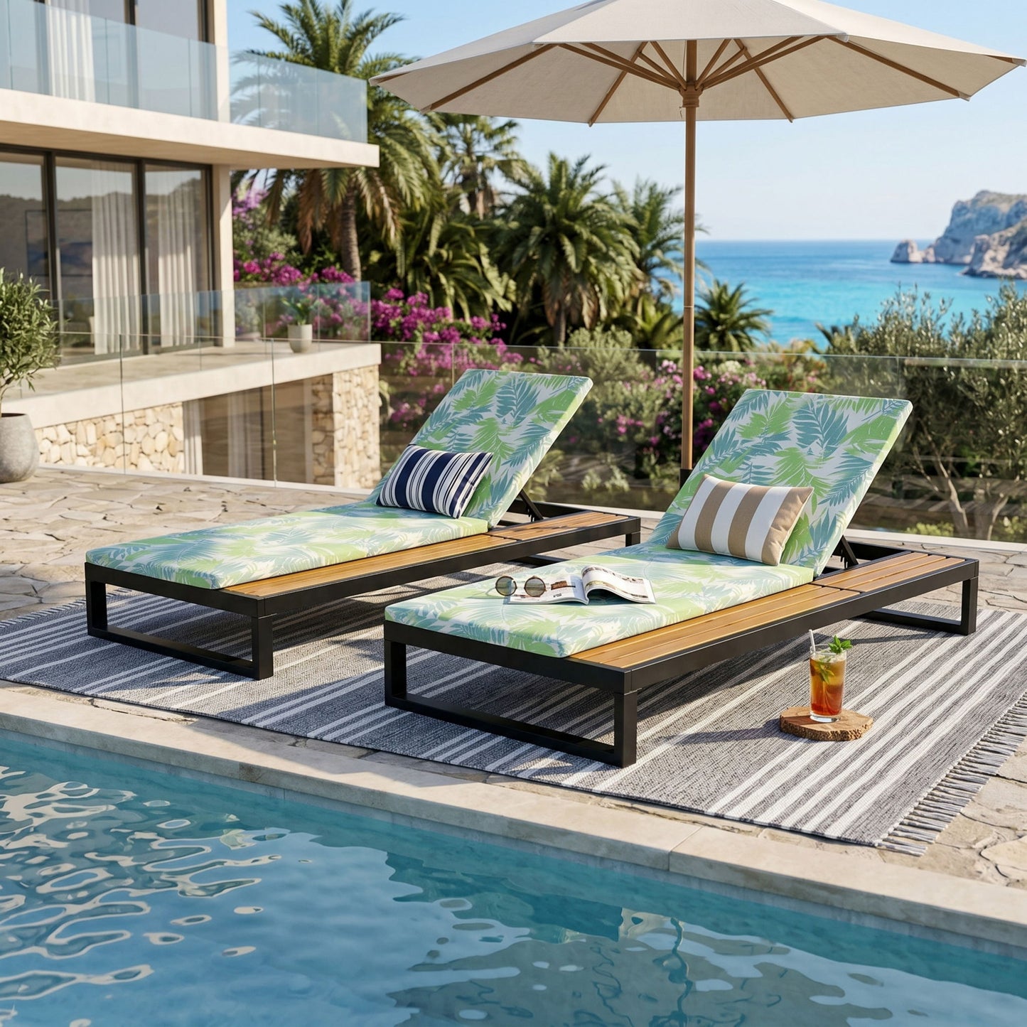 Chaise Lounge Set, 5 Position Adjustable, Flat Side Surface Storage
