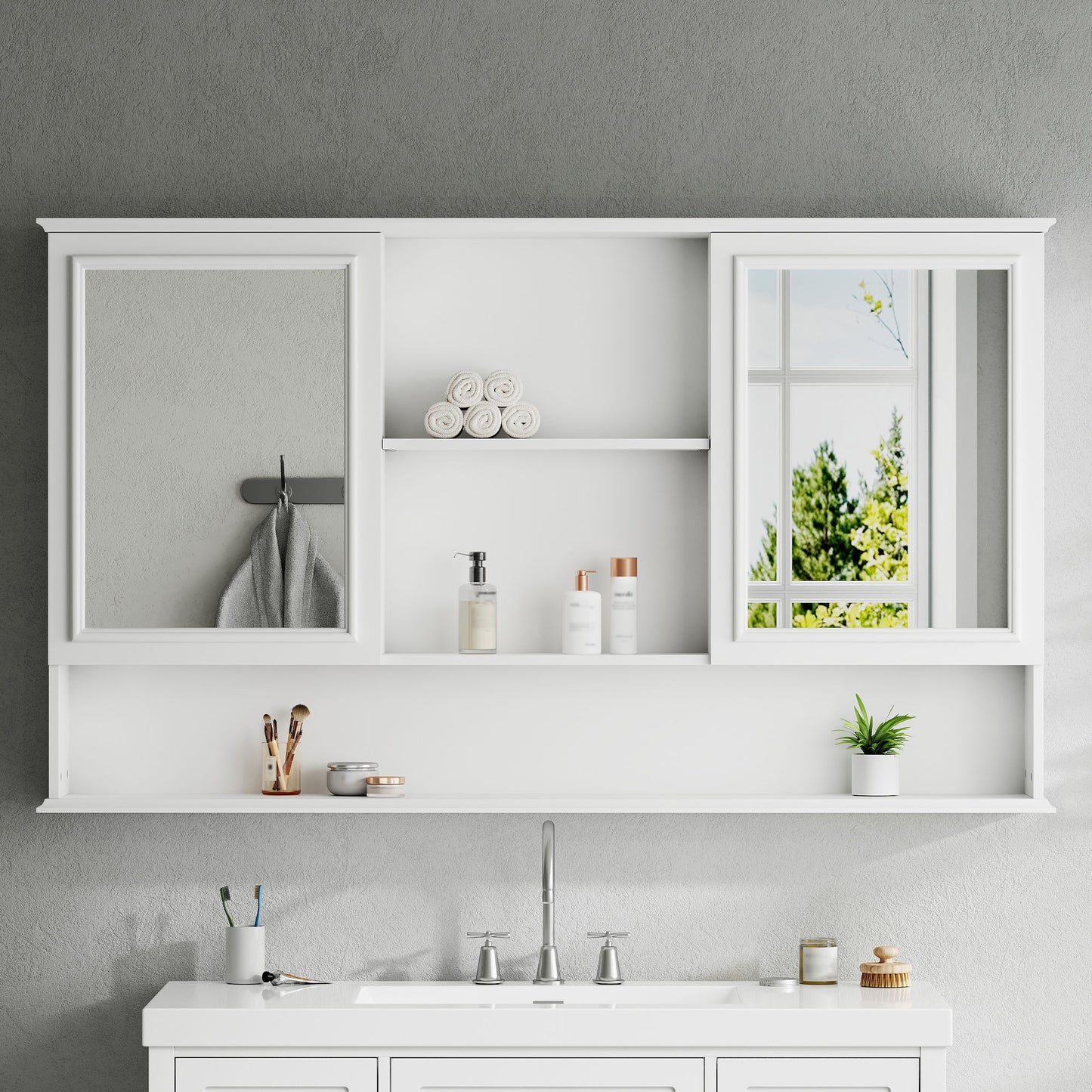 Wall Mounted Bathroom Medicine Cabinet With Double Mirrored Doors