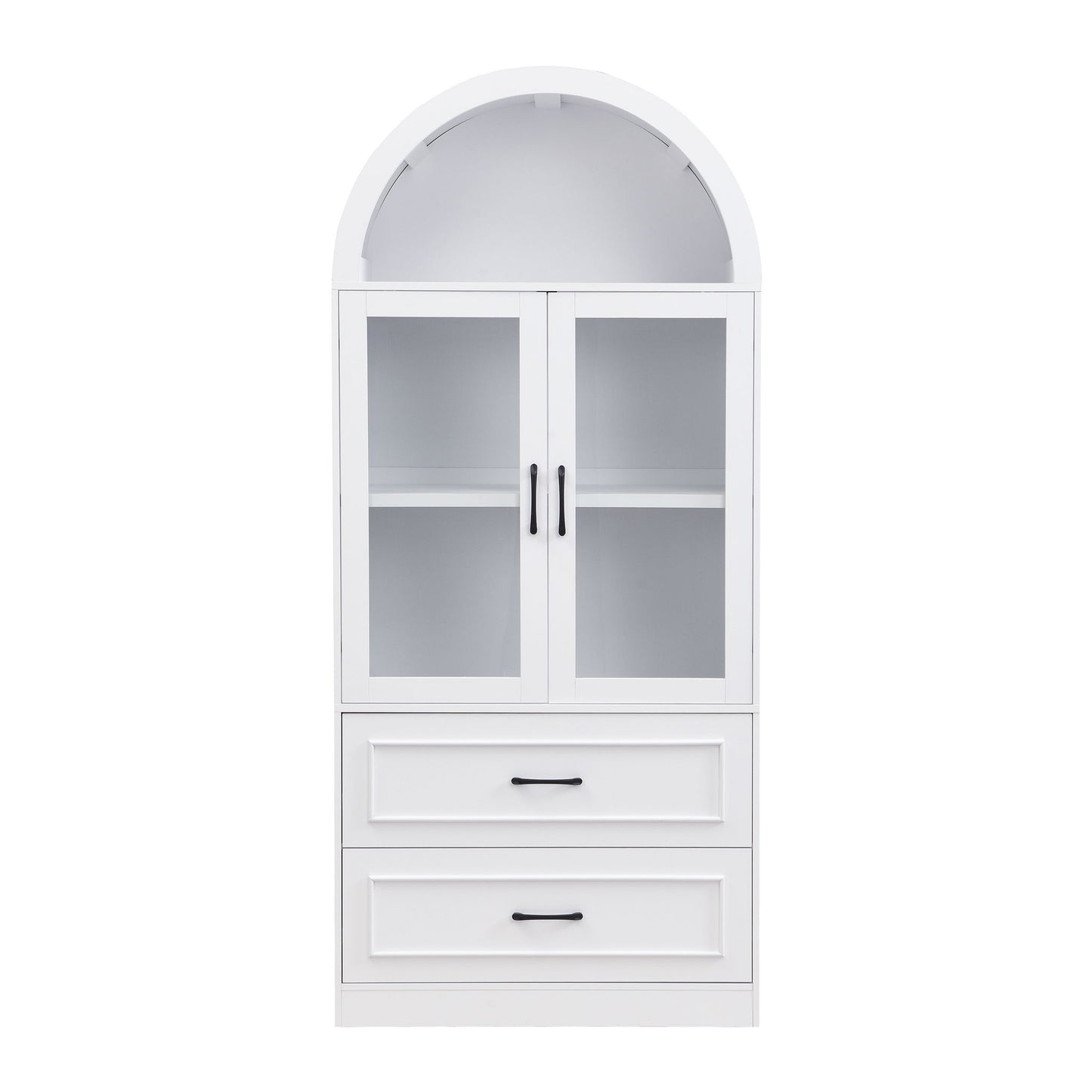 Arched Top Storage Cabinet With Fixed 2 Tier Shelves, 2 Large Drawers