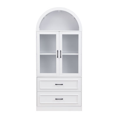 Arched Top Storage Cabinet With Fixed 2 Tier Shelves, 2 Large Drawers