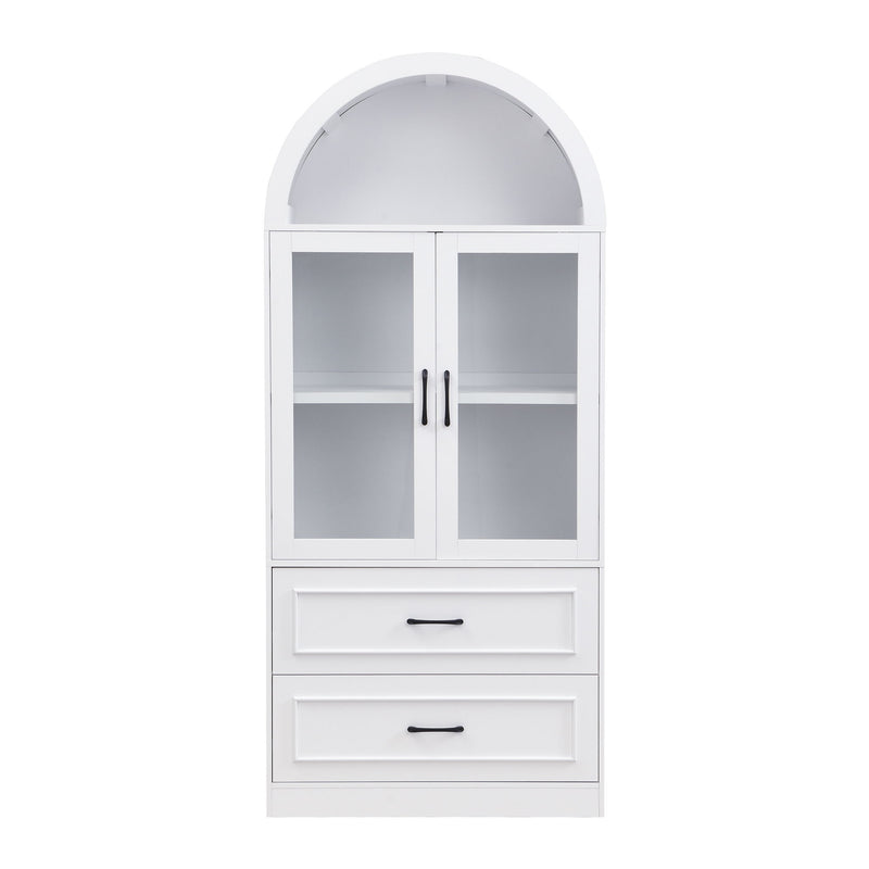 Arched Top Storage Cabinet With Fixed 2 Tier Shelves, 2 Large Drawers