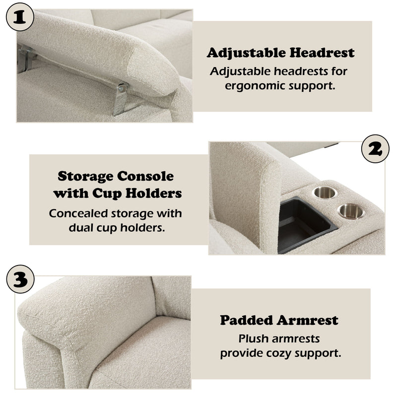 Dayana - Sofá seccional reclinable eléctrico Boucle para 5 personas con consola portavasos y reposacabezas ajustable - Beige