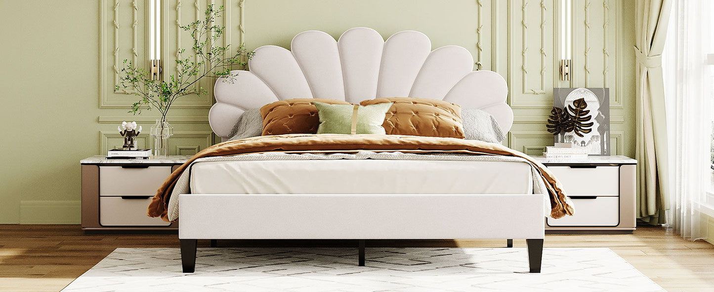 Upholstered Platform Bed With Flower Pattern Headboard