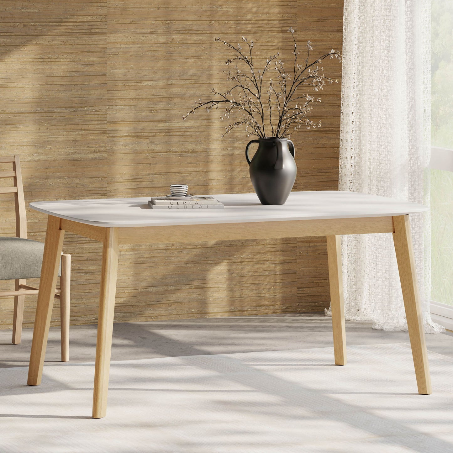 Dining Table With Splayed Rubberwood Legs & Faux Wood Tabletop, - White Oak