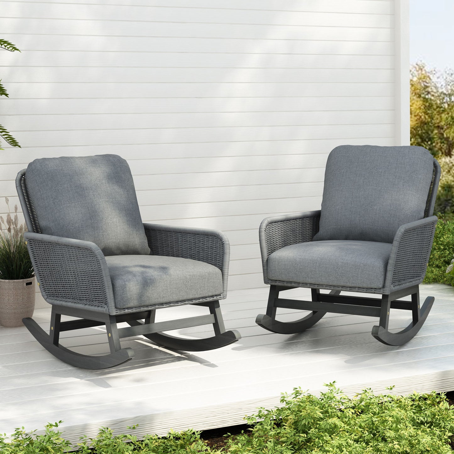 Contemporary Minimalist Wicker Rocking Chair With Soft Cushions And Durable Wooden Frame