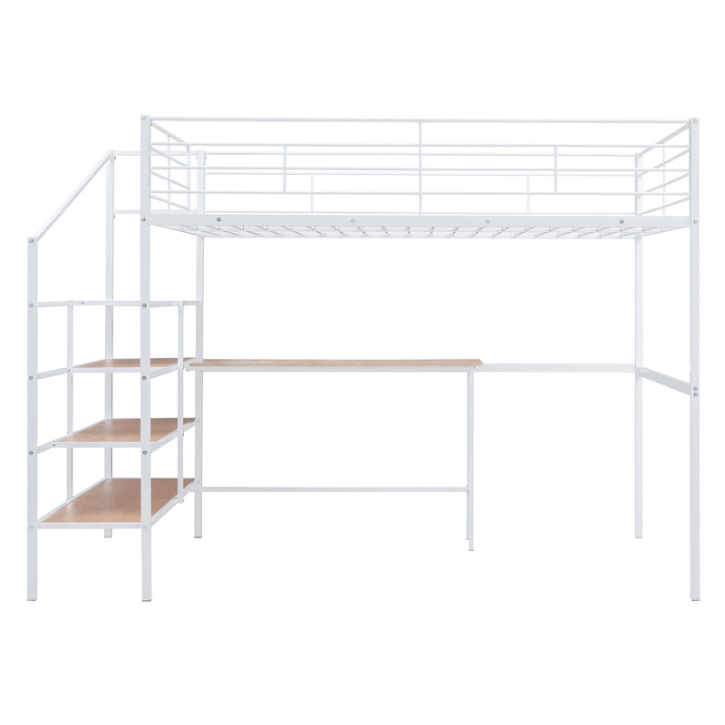 Full Size Loft Bed With Desk And Lateral Storage Ladder - White